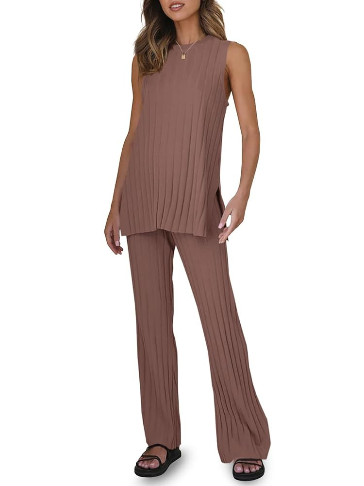 Tankaneo Two Pieces Outfits Sleeveless Top Knit Sets Trendy Lounge Long Pajamas Set | Amazon (US)
