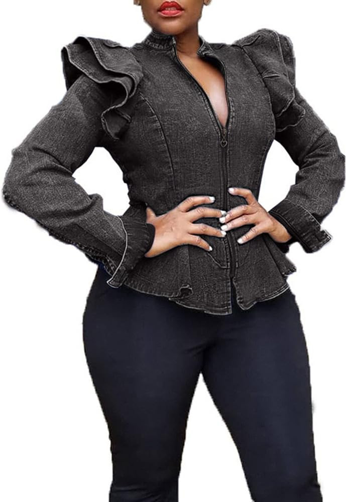 ECHOINE Women Casual Denim Jacket - Long Sleeve Zip Ruffle Shoulder Jean Jackets Peplum Coat Plus... | Amazon (US)