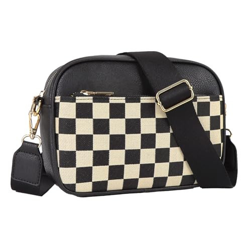 Checkered Crossbody Bags for Women Plaid Womens Cross Body Purses Checkerboard Leather Shoulder Bag Handbags (C02 Black) | Amazon (US)