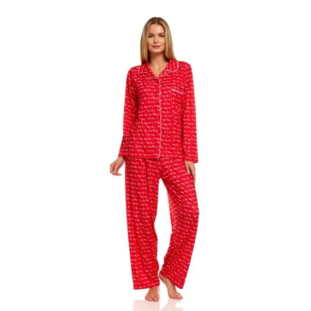 2161 Womens Sleepwear Pajamas Woman Long Sleeve Button Down set Red M | Walmart (US)