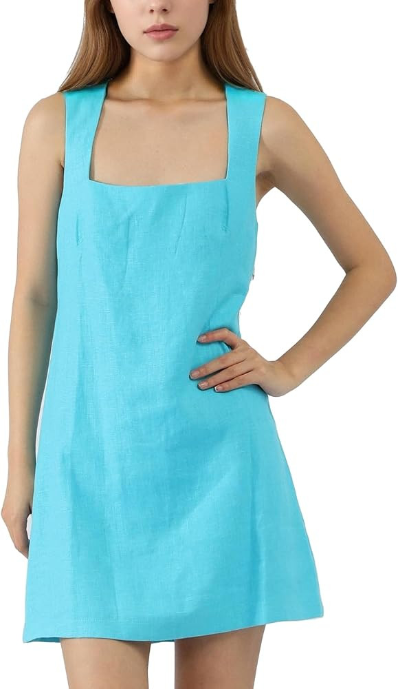 Women 100% Linen Mini Dress with Sleeveless Square Neck Breathable Back Zipper A-Line Summer Dres... | Amazon (US)