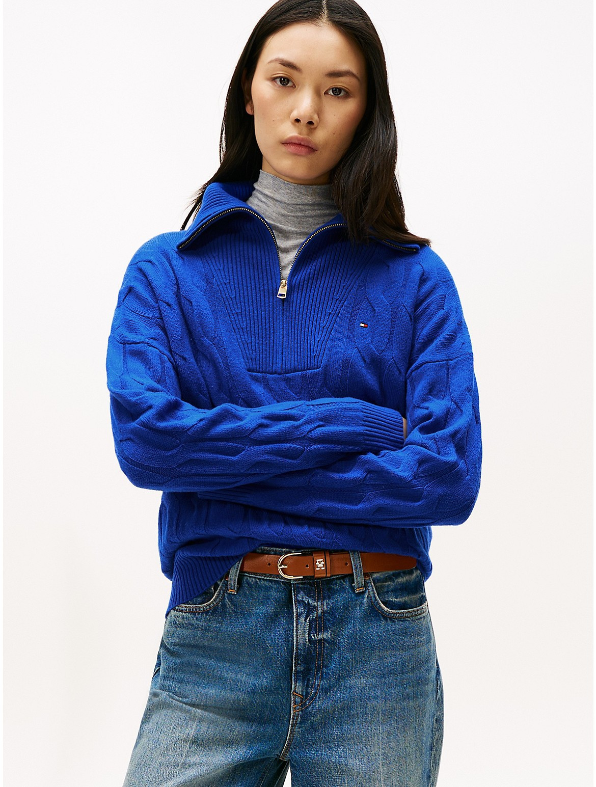 Tommy Hilfiger Women's Cable Knit Quarter-Zip Sweater - Blue - M | Tommy Hilfiger (US)