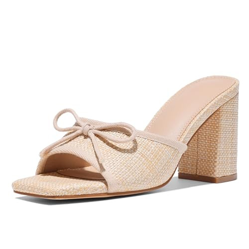 Erocalli Chunky Heels for Women Block Mules Sandals Square Open Toe - Bow, Summer, Raffia, Slip O... | Amazon (US)