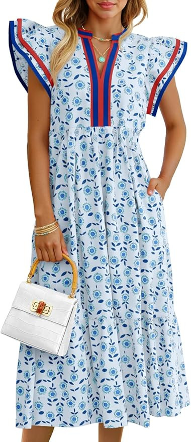 Wenrine Women's Cap Sleeve Midi Dress Summer Floral V Neck Flowy Boho Casual Beach Vacation Dress... | Amazon (US)