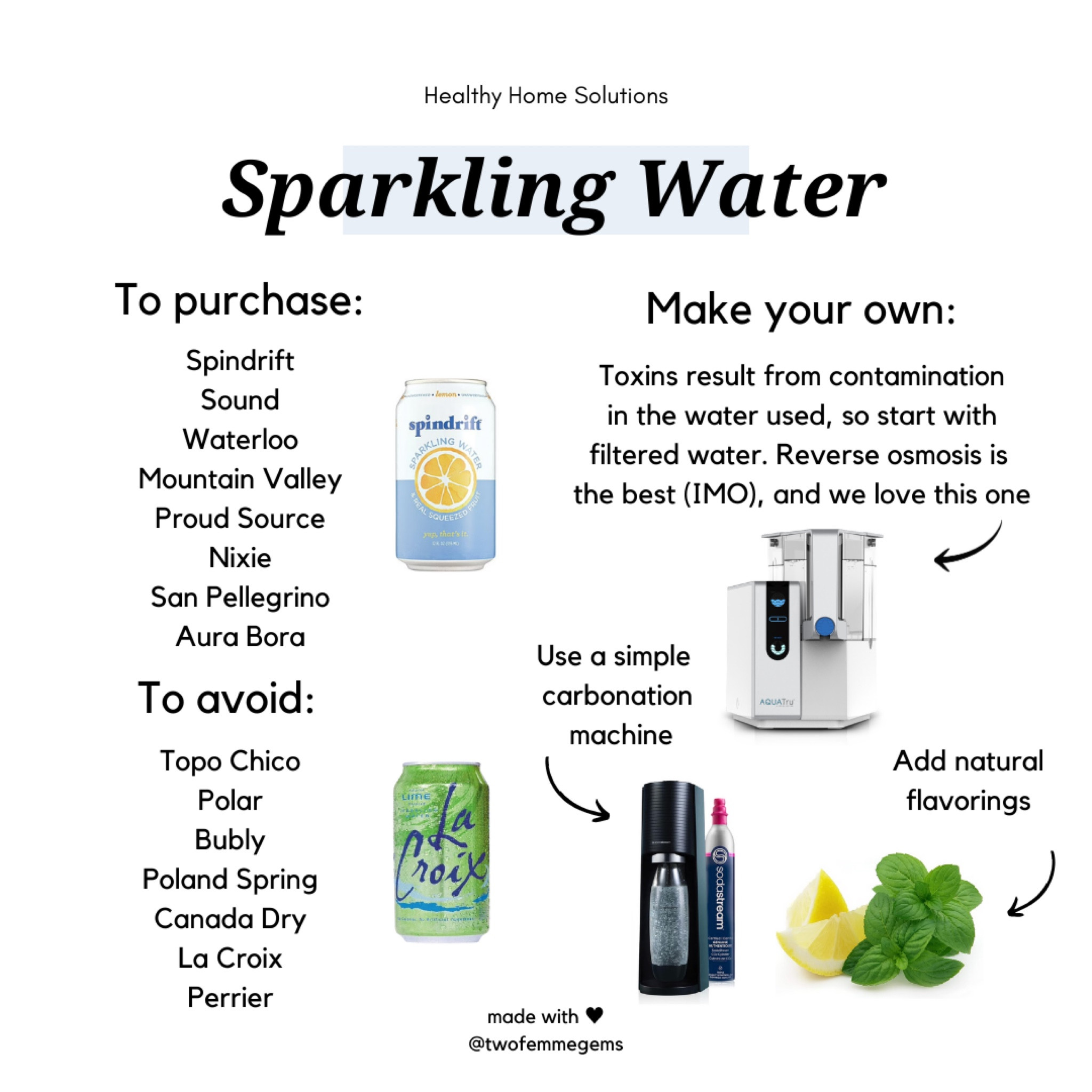 Your guide to lessen the toxins from sparkling and still waters!

PFAS (forever chemicals) have been detected in several common brands and most likely is a result of the base water they are using to make their product. When possible opt for brands that use reverse osmosis water that eliminates the PFAS from tap water before carbonating and flavoring. Also opt for natural and transparent flavorings when possible like real fruit juice. If you do not see the brand you drink here, it is most likely because it hasn’t been tested. 

For the most low tox option, make your own! Simply use filtered water and a carbonation machine then add your favorite flavorings :) it’s more sustainable as well, and saves money over time!

#LTKHome #LTKFamily #LTKSaleAlert