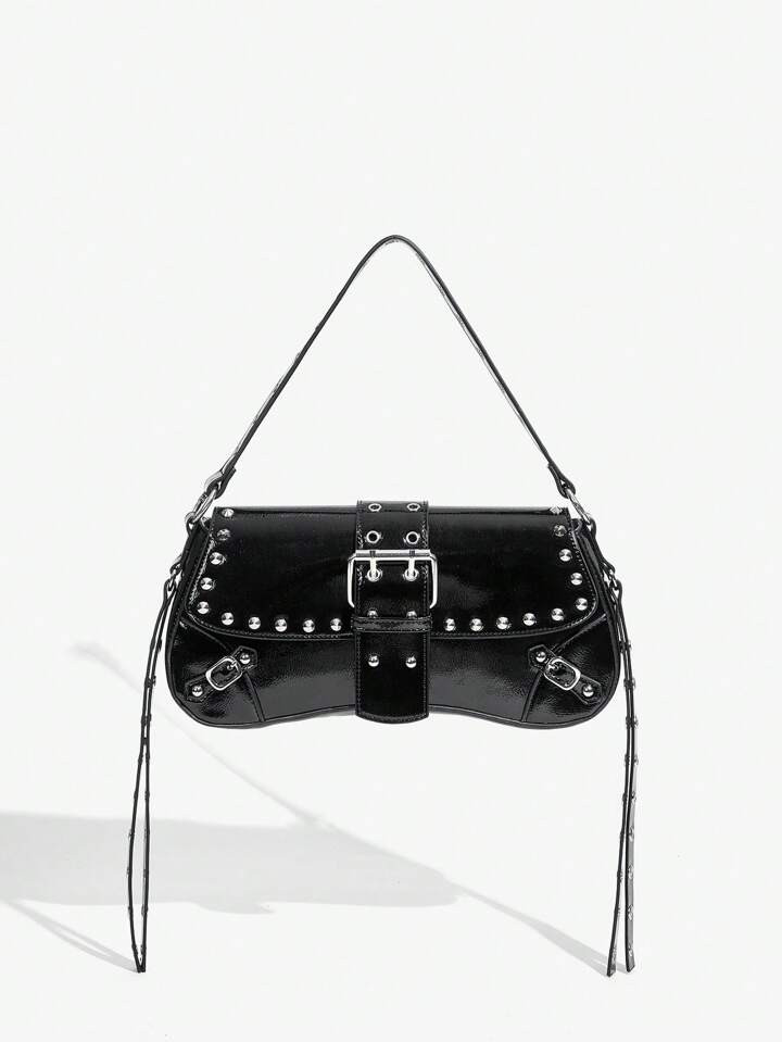 SHEIN SXY Fashionable Black Stud Shoulder Bag For Women, Versatile, Shopping Bag, Cool, Street Ba... | SHEIN