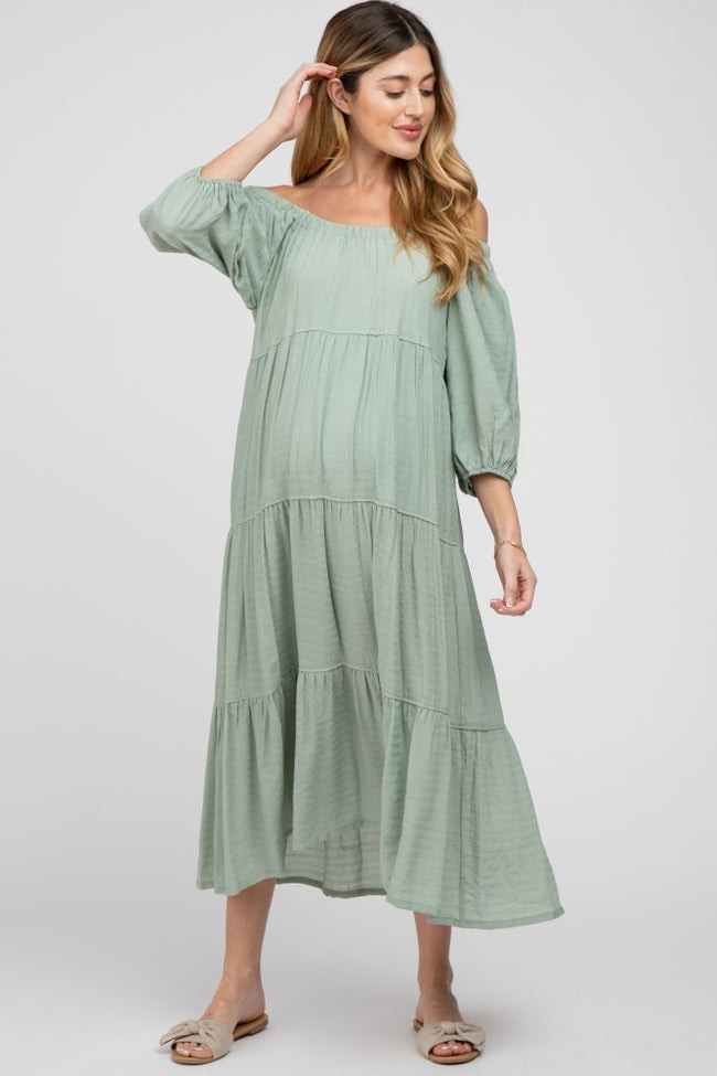 Light Olive Tiered Maternity Midi Dress | PinkBlush Maternity
