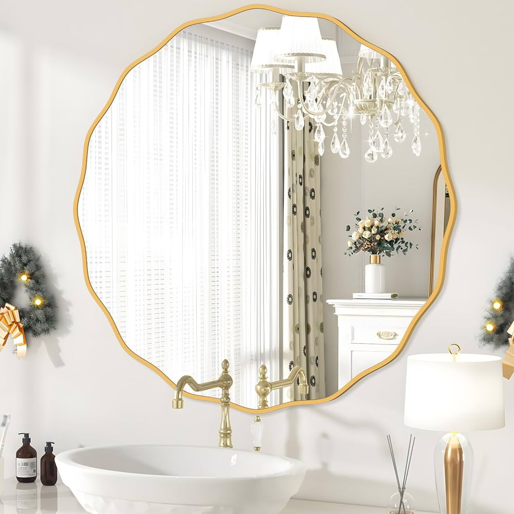 FUWU HOME Round Mirror for Wall Decorative 36 inch Modern Gold Wavy Mirror Whit Wood Frame Circle... | Amazon (US)