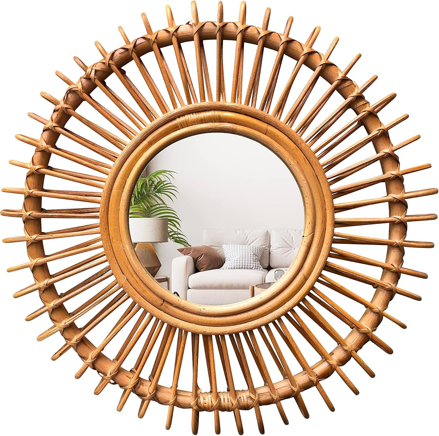 Boho Rattan Sunburst Wall Mirror 24 Inch - Coastal Wicker Natural Wall Decor & Large Round Bohemi... | Amazon (US)