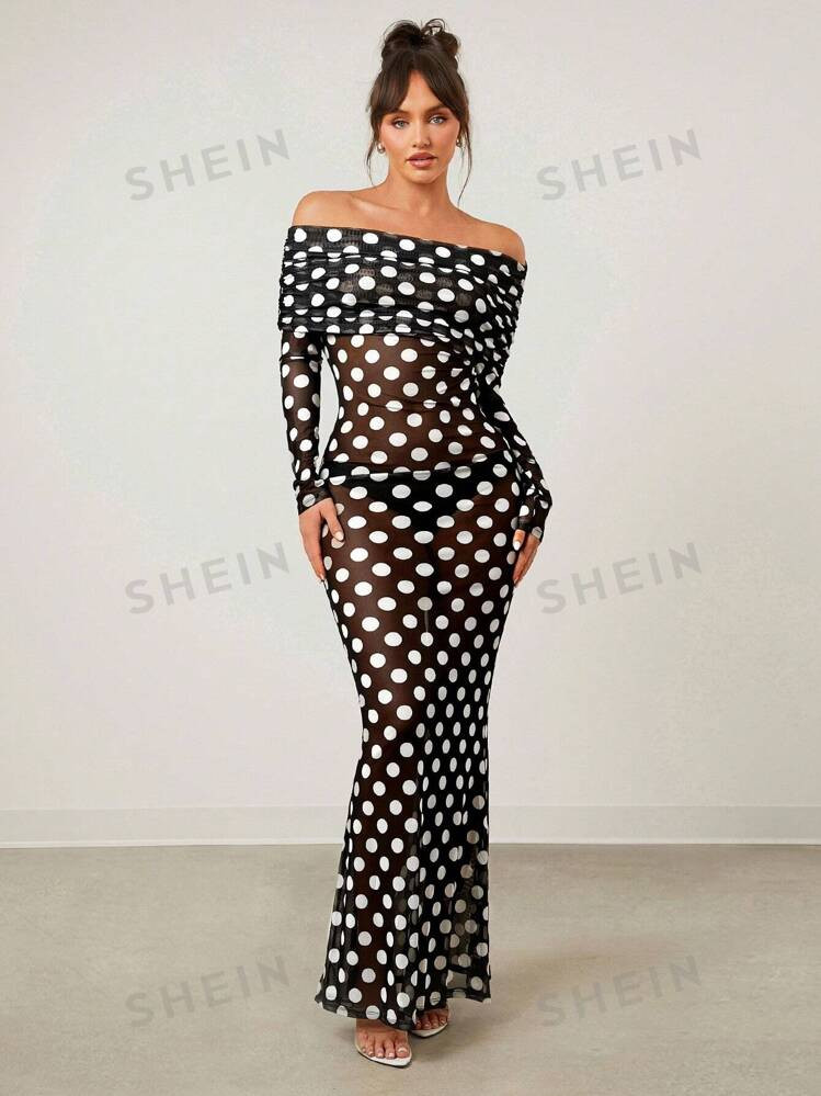 Opulessa Leisure Knit Mesh Classic Polka Dot Pattern Off Shoulder Slim Long Sleeve Mermaid Women'... | SHEIN