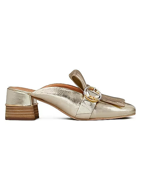 Multi-Logo Kiltie Metallic Leather Mules | Saks Fifth Avenue