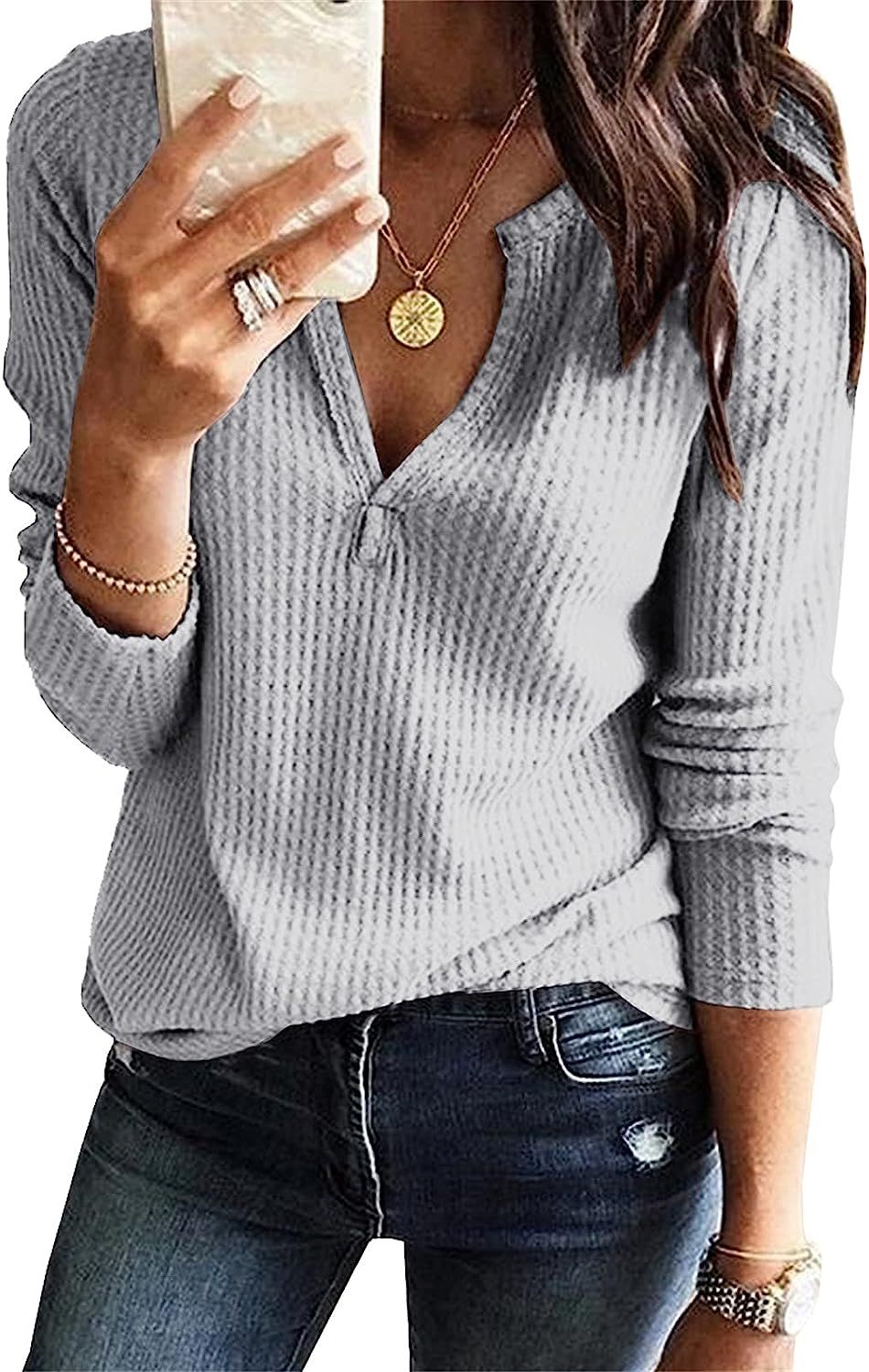Womens V Neck Shirts Long Sleeve Waffle Knit Loose Fitting Warm Tee Tops Pullover Sweaters | Amazon (US)