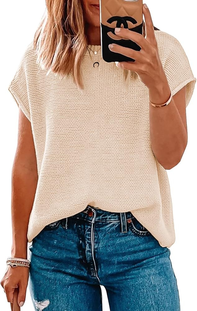 Women Short Sleeve Sweater Tops Spring 2025 Sleeveless Sweater Vest Casual Knit Cap Sleeve Sweate... | Amazon (US)