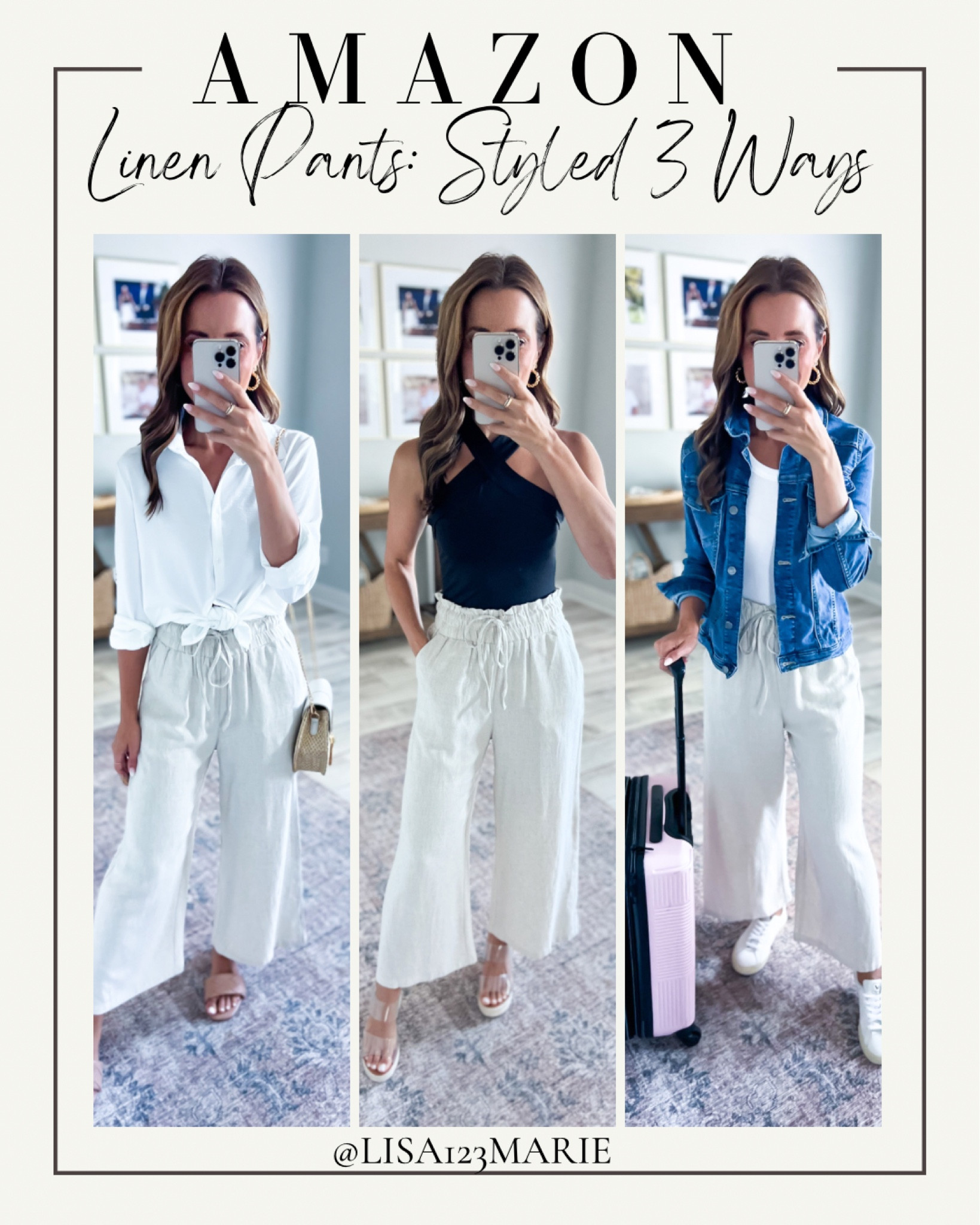 Amazon linen pants. How to style linen pants. Amazon white button down. Amazon date night outfit. Travel outfit. Airport outfit. Amazon denim jacket. Amazon neutral slides. Amazon clear wedges. Favorite white sneakers. 

*Wearing smallest size in each. Pants are a smidge big so I washed/dried them to shrink a little! Amazing quality for the price!

#LTKshoecrush #LTKunder50 #LTKtravel