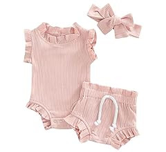 Toddler Baby Girl Summer Short Clothes Ribbed Ruffle Sleeve Tops+Elastic Drawstring Short Pants T... | Amazon (US)