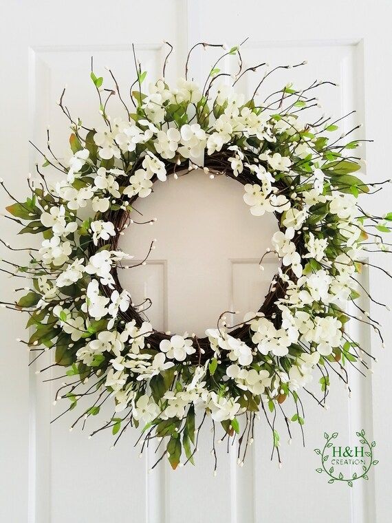 White mini flower wreath, Spring wreath for front door,Summer wreath for front door, Berry wreath... | Etsy (US)
