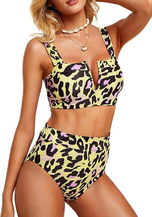 Saodimallsu Womens Sexy Two Piece Leopard Printed Swimsuits High Waisted High Cut Padded Bikini S... | Amazon (US)