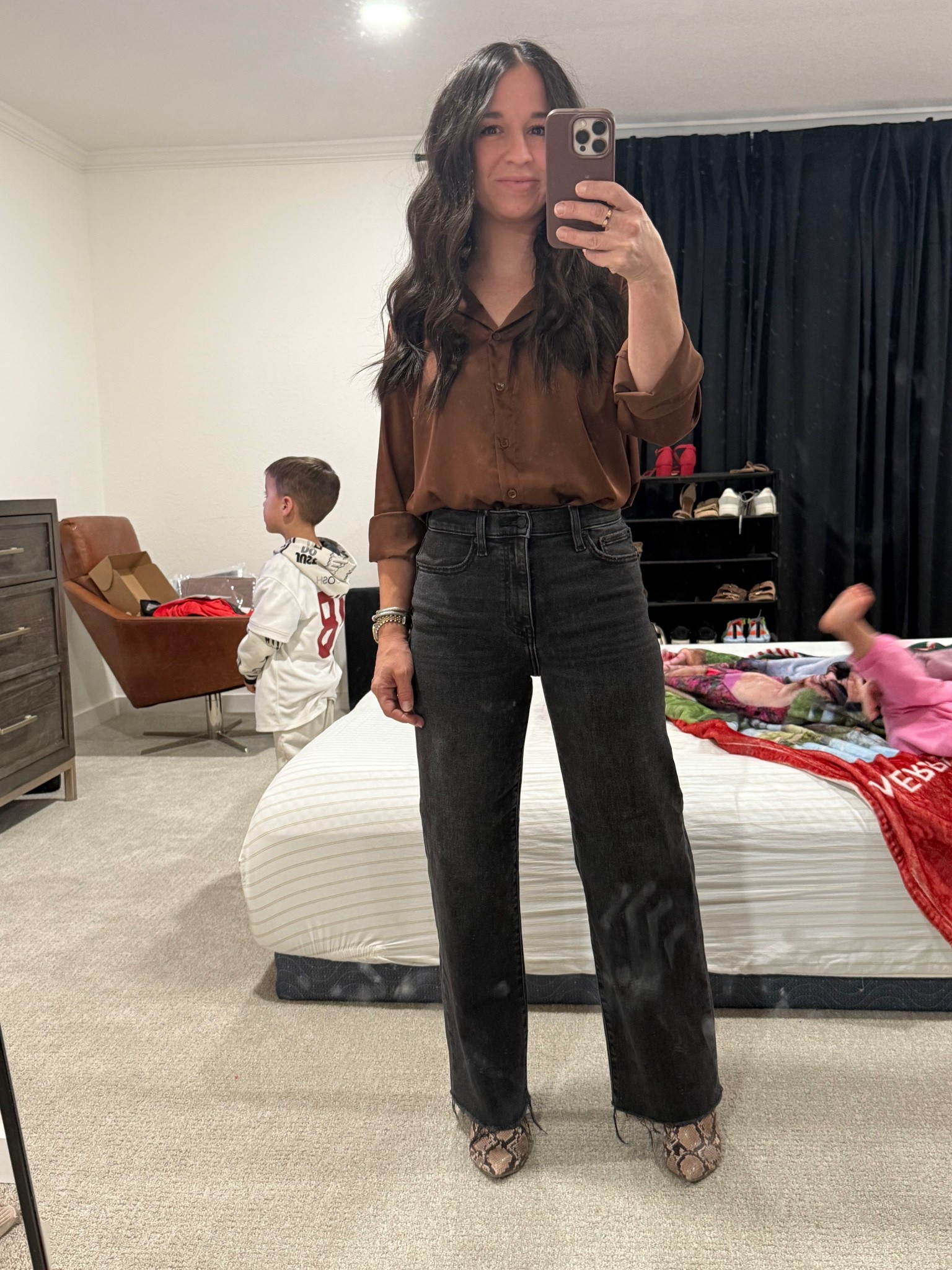 Chaotic background, shoes still need to be put back in my closet from re-model, dirty mirror, unfinished master bedroom, BUT, the perfect outfit 🤎✨

I’ve had these boots forever. Tagged some similar ones! 

#LTKHoliday #LTKootd #LTKmomlife