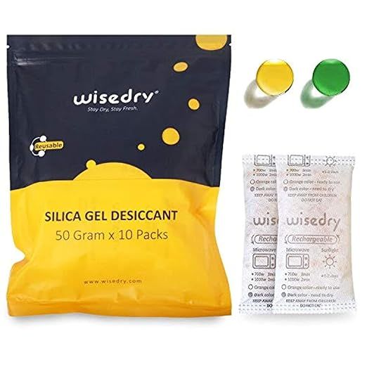wisedry 50 Gram [10 Packs] Silica Gel Desiccant Packets Microwave Fast Reactivate Moisture Absorb... | Amazon (US)