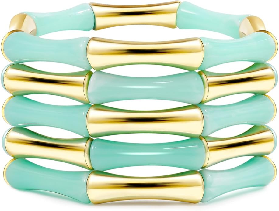 Gold Tube Bangle Bracelets for Women Stackable Bamboo Chunky Acrylic Beads Stretch Friendship Sum... | Amazon (US)