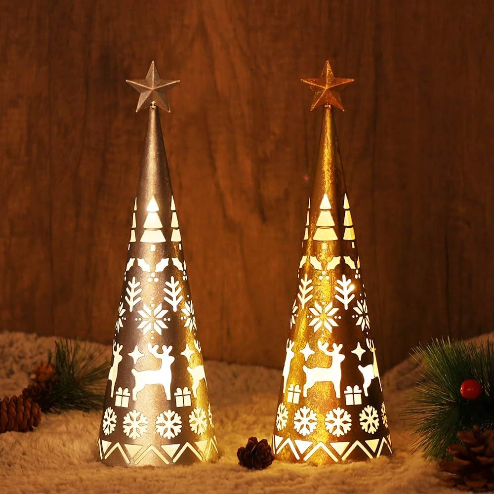 Juegoal 11.6 Inch Lighted Christmas Table Decorations with Star, Cone Shaped 10 LED Lights Batter... | Amazon (US)