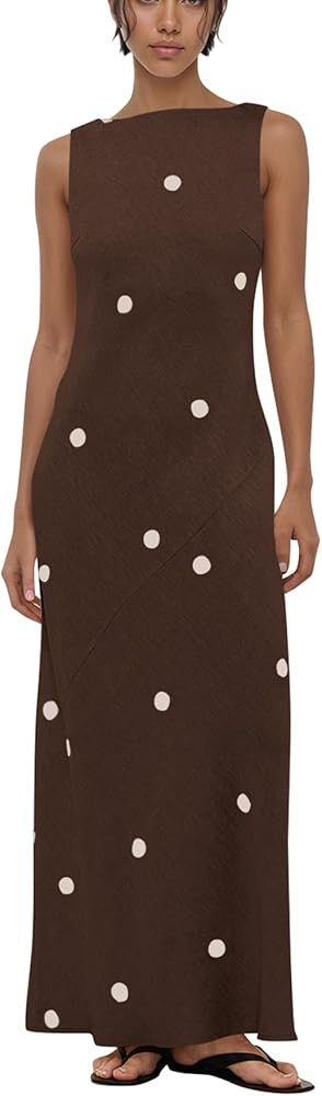 Women’s Polka Dot Cotton Linen Summer Vacation Maxi Dress Sleeveless Boat Neck Open Back Long M... | Amazon (US)