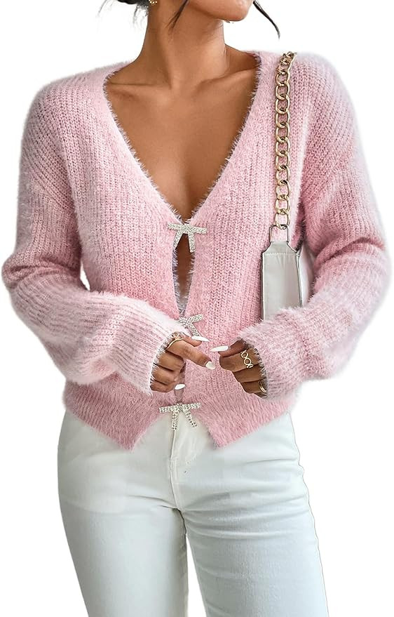 MakeMeChic Women's Solid Fuzzy Knit Cardigan Long Sleeve V Neck Button Down Cardigan Sweater | Amazon (US)