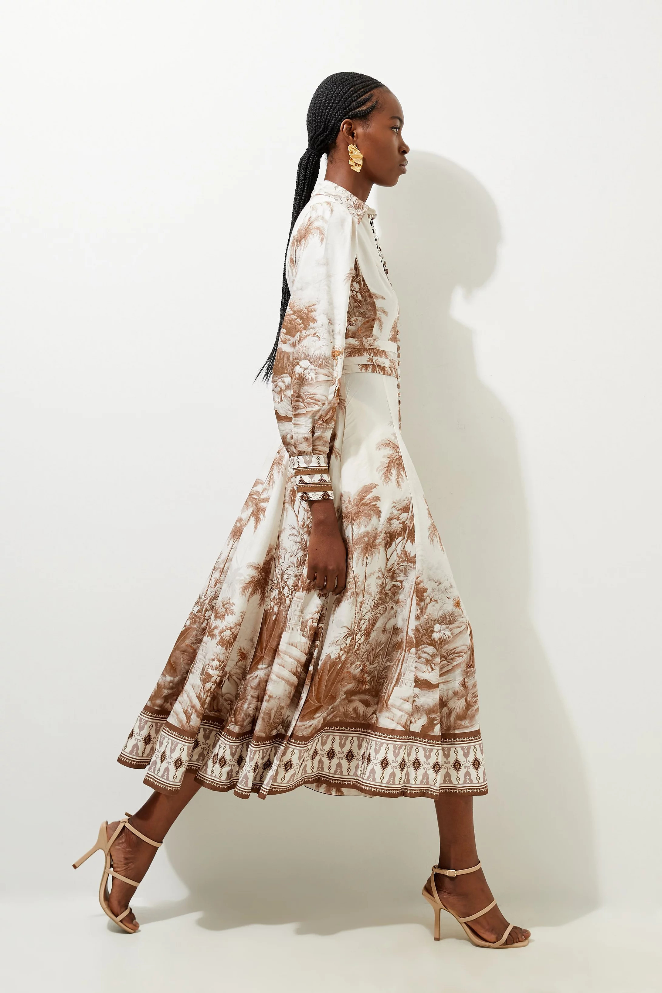 Viscose Linen Scenic Placed Print Balloon Woven Shirt Dress | Karen Millen US