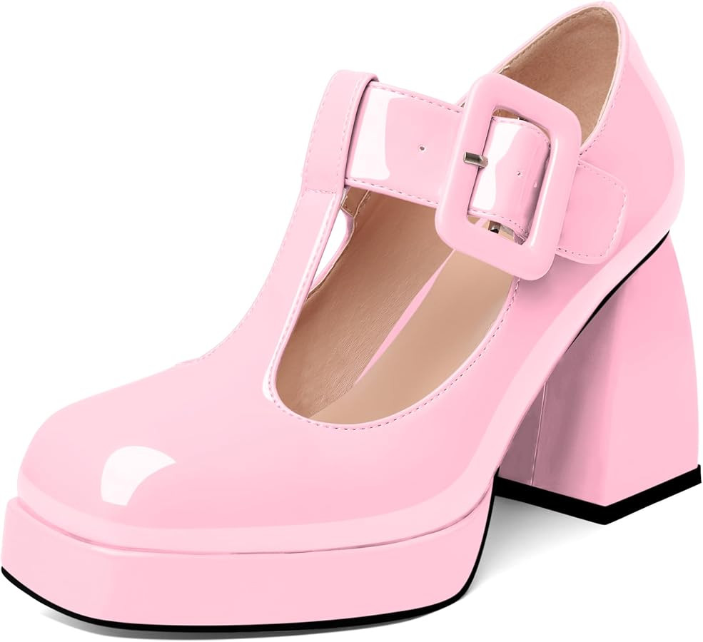 YODEKS Women's High Heels Square Toe Mary Jane Pumps Chunky Heel Platform Dress Shoes | Amazon (US)