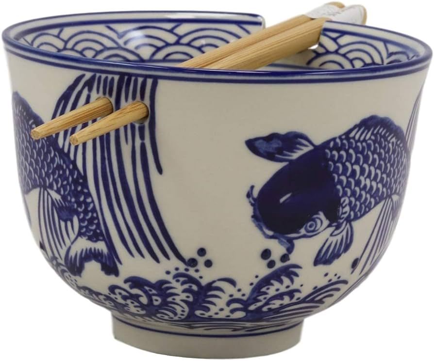 Ebros Ming Style Zen Blue White Koi Fishes By Waterfall Ramen Udong Noodles 5" Diameter Bowl With... | Amazon (US)