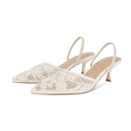 MAIJED Embroidered Kitten Heels for Women Pointed Toe Mesh Floral Slingback Heeled Sandals With Pearl Slip On Backless Bridal Wedding Sandals Shoes White US8 | Amazon (US)