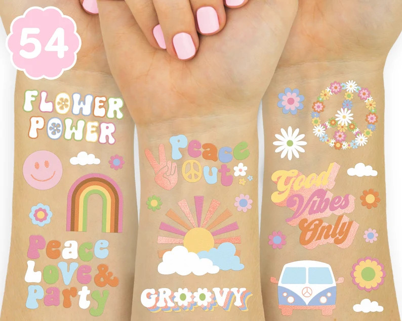 Groovy 70s Temporary Tattoos - 48 Glitter Styles | Flower Power Birthday Party Supplies, Good Vib... | Etsy (US)