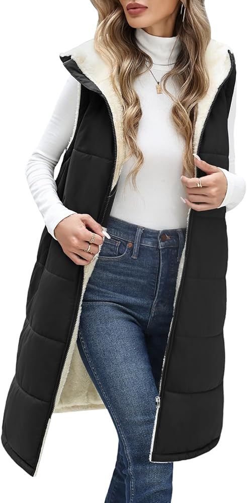 Womens Fall Long Vest - Sleeveless Fleece Lined Coats Sherpa Quilted Puffer Jackets with Hood Zip... | Amazon (US)