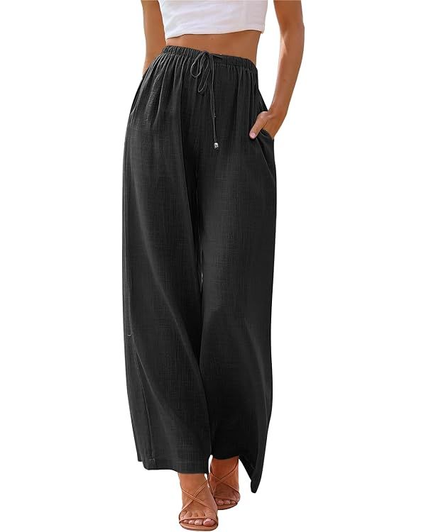 LILLUSORY Women's Linen Summer Palazzo Pants Flowy Wide Leg Beach Pants with Pockets | Amazon (US)
