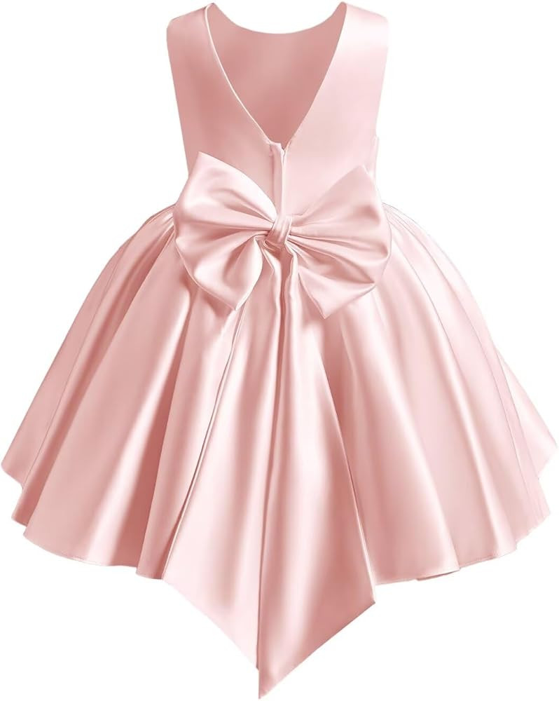 Satin Flower Girl Dress Knee Length Short First Communion Dresses for Girls Kids Bow-Knot Princes... | Amazon (US)
