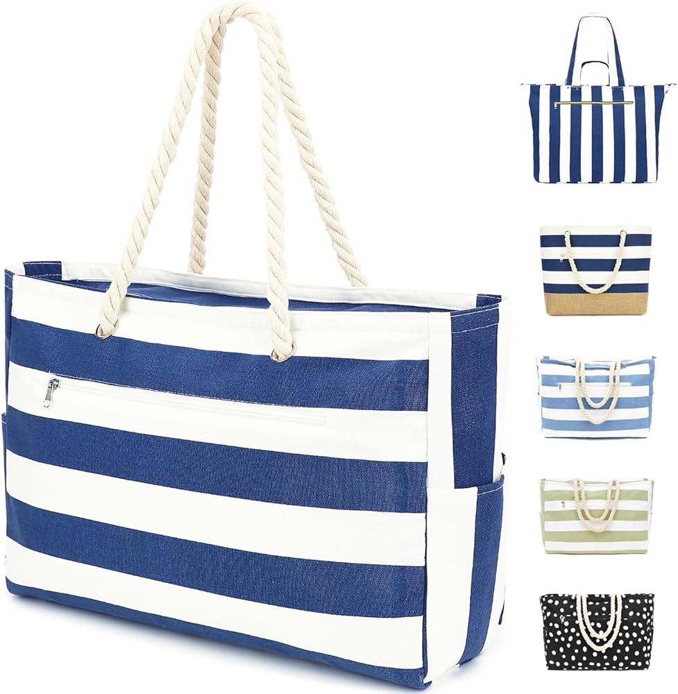 Large Canvas Beach Bag for Women, Beach Bags Waterproof Sandproof with Zipper & Wet Bag Cruise Es... | Amazon (US)