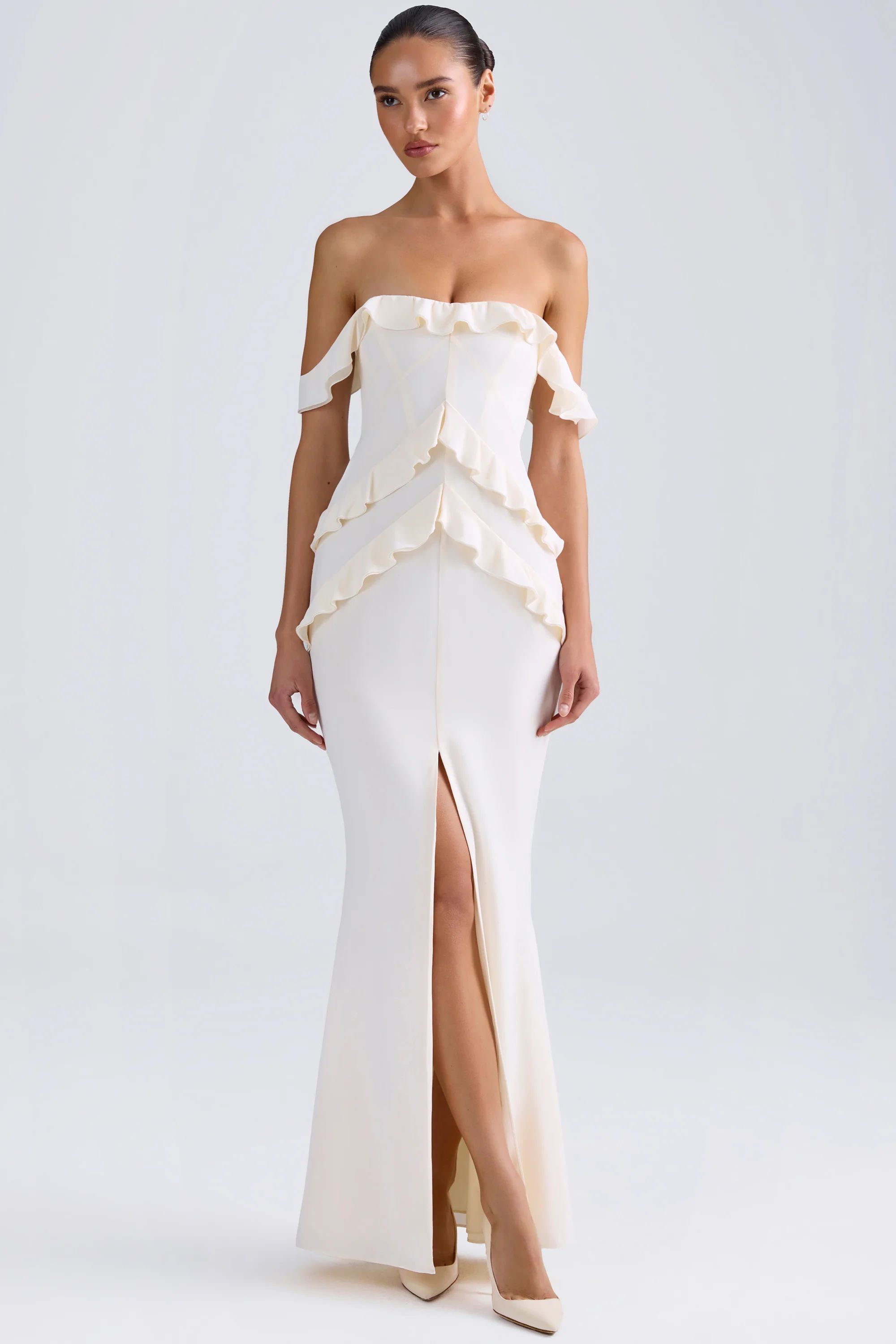 Off-Shoulder Ruffle-Trim Gown in Ivory | Oh Polly
