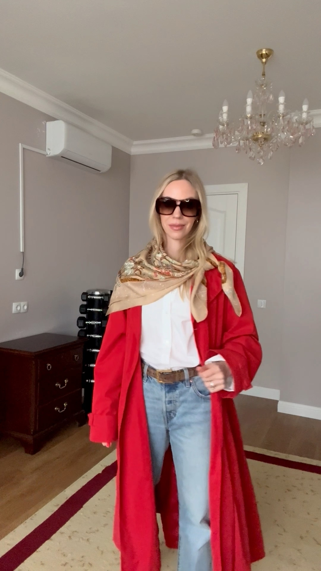 Spring outfit, brunch outfit, red trench coat, silk scarf, @levi baggy 90’s jeans, suede YSL belt, H&M suede mules 

#LTKOver40 #LTKdayinmylife #LTKSeasonal