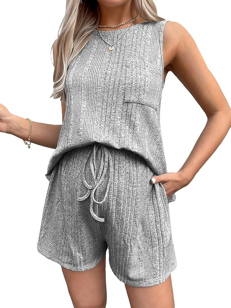 OYOANGLE Women's Maternity 2 Piece Pajamas Outfits Round Neck Tank Top and Adjustable Waist Short... | Amazon (US)