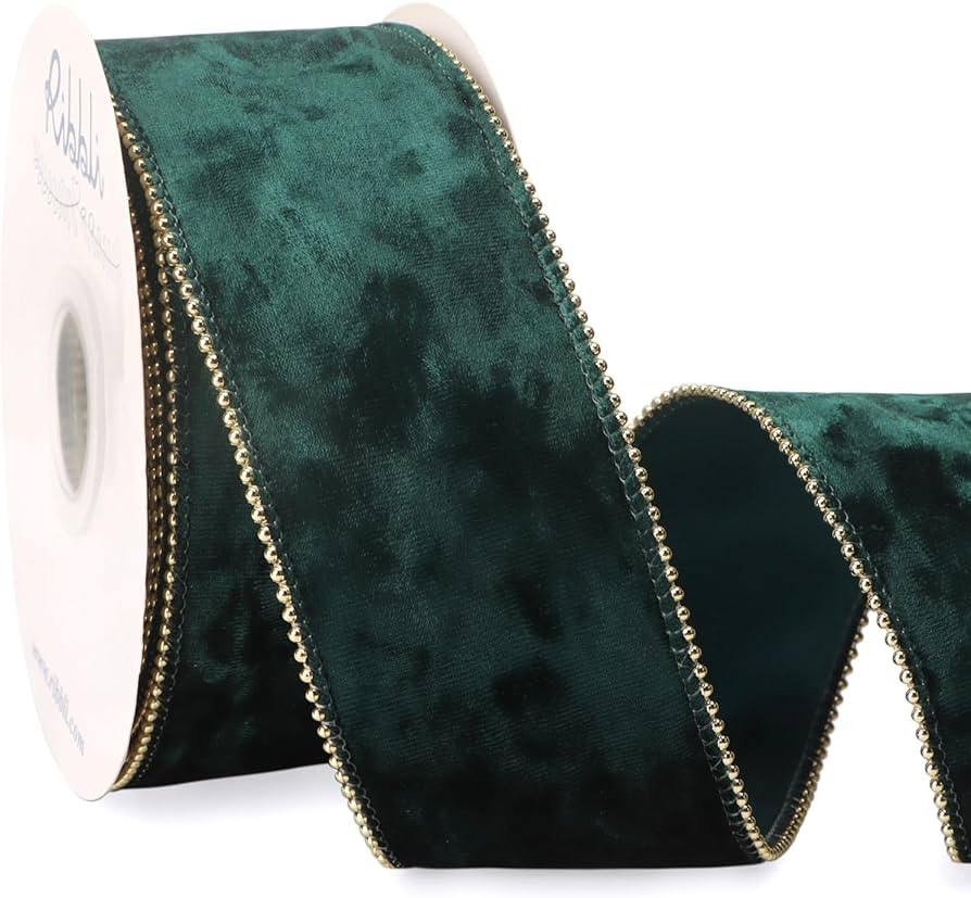Ribbli Forest Green Crushed Velvet Wired Ribbon with Beaded Pearl Edge, 2-1/2 Inch 10-Yard for Gi... | Amazon (US)