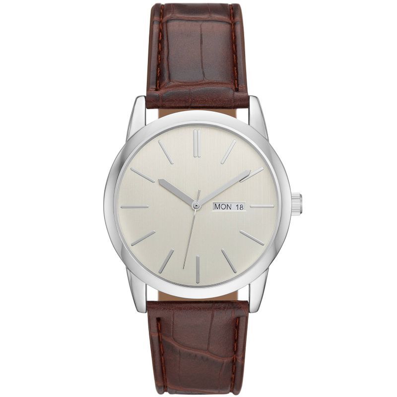 Men's Classic Day/Date Strap Watch - Goodfellow & Co™ Silver/Brown | Target