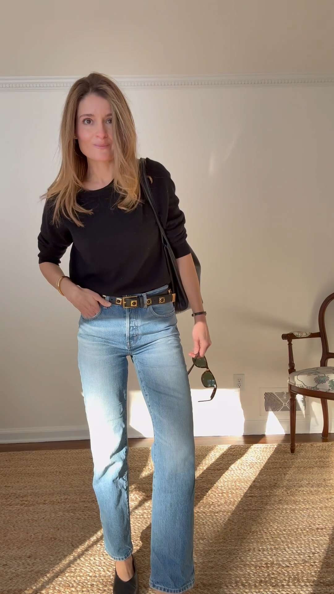 Sometimes the accessories take an outfit from straightforward to dazzling. Here I pair a beautiful @quince cashmere crewneck and a pair of @Madewell straight leg jeans with a beautiful bangle from @jennybird and a gorgeous statement piece leather and gold plated belt from @aureum.

Sizing notes:
Sweater: M (sized up 1)
Jeans: 26 (sized up 1)
Flats: 7 (my true size)
  

 #LTKootd #LTKmomlife #LTKSeasonal