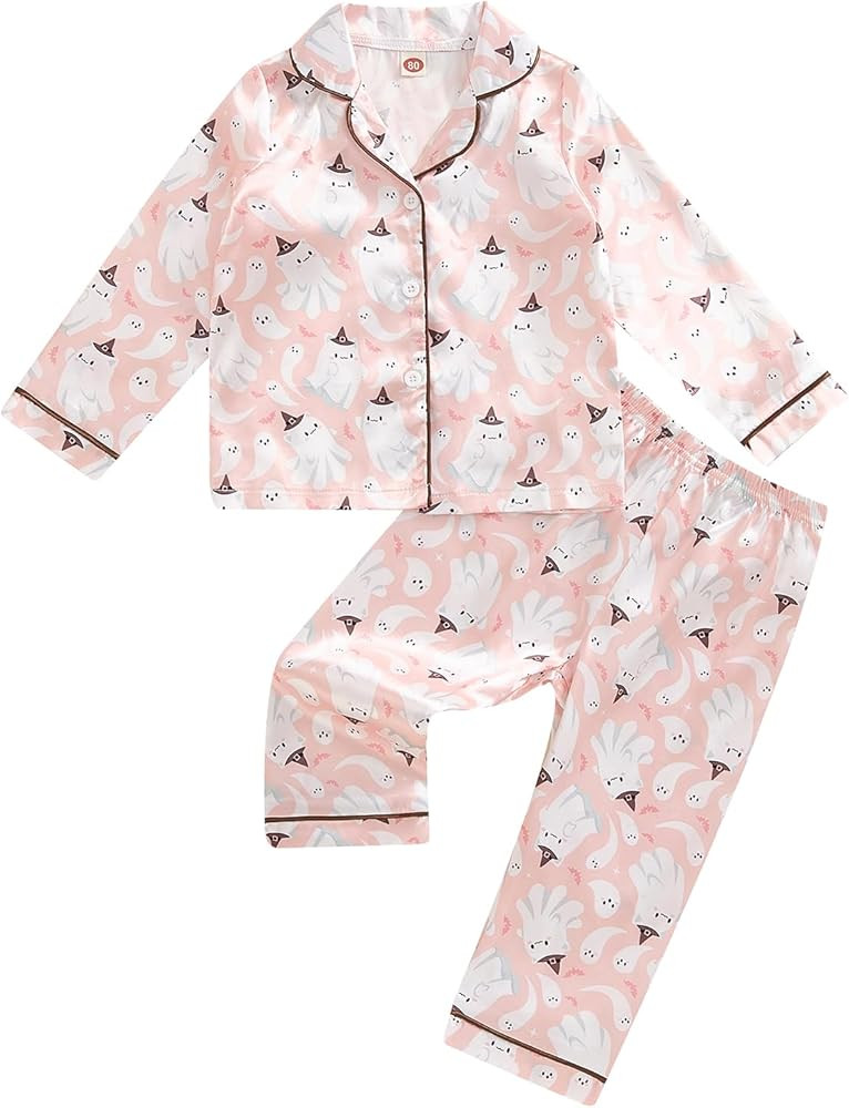Baby Boy Girl Halloween Silk Pajamas Set Button Down Pumpkin Ghost Long Sleeve Shirts Tops and Pa... | Amazon (US)