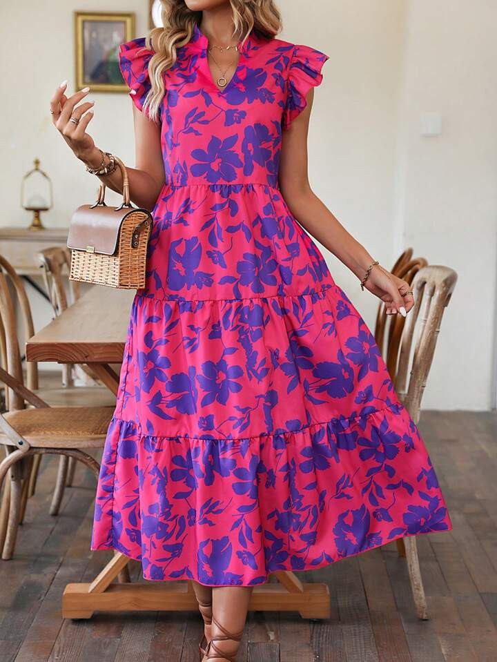 SHEIN LUNE Floral Print Butterfly Sleeve Ruffle Hem Smock Dress | SHEIN