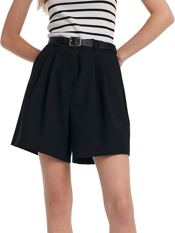 Shorts for Women Elastic High Waisted Wide Leg Loose A-Line Shorts with Belt and Pockets | Amazon (US)