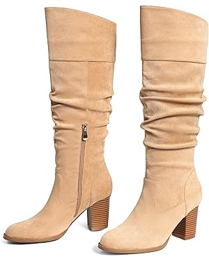 MeiLuSi Women's Slouchy Knee High Boots Suede Fall Boots Round Toe Chunky Heel Boots Warm Winter ... | Amazon (US)