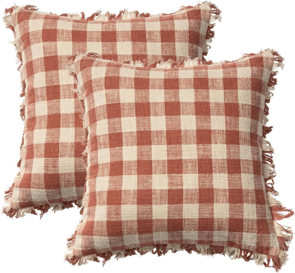 STITCH N STRING: 18x18 Boho Rust Gingham Fringe Throw Pillow Covers (Set of 2) | Walmart (US)