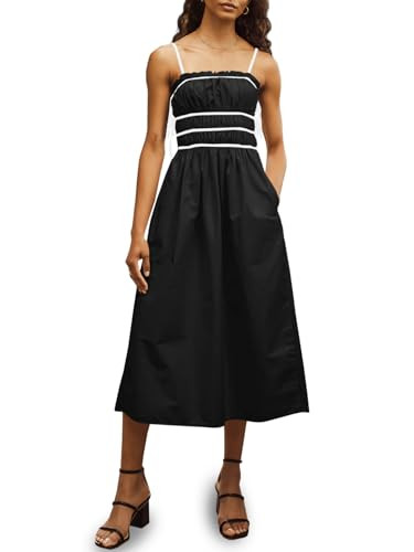 Wenrine Women's Summer Casual Spaghetti Straps Side Tie Contrasting Straps Ruffle Midi Dress with... | Amazon (US)
