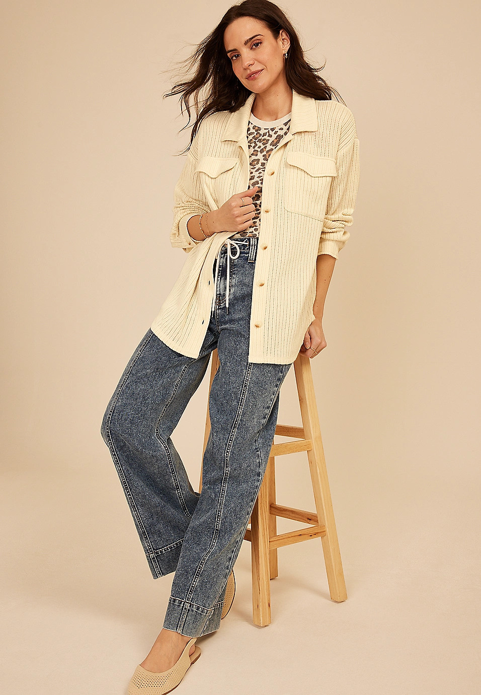 Open Stitch Knit Button Front Shacket | Maurices
