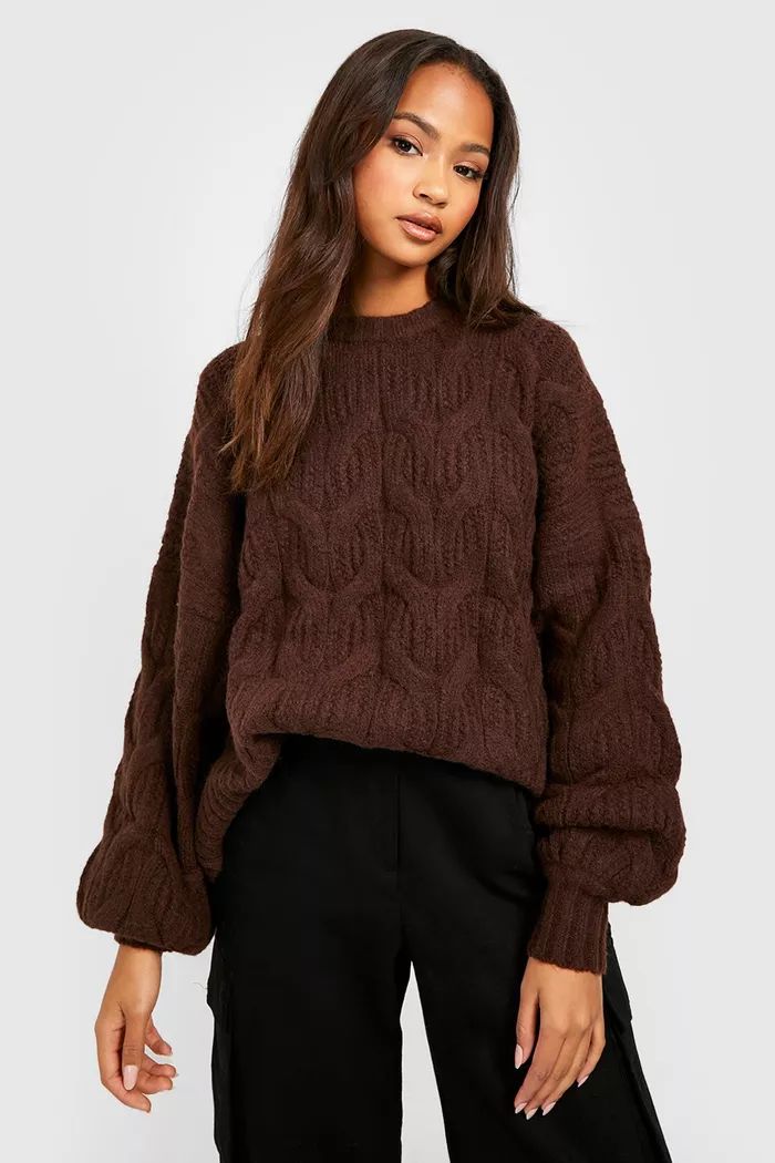 Fluffy Cable Knit Crew Neck Sweater | boohoo (US & Canada)